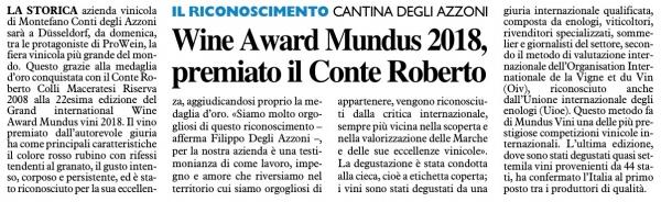 WINE AWARDS MUNDUS 2018, PREMIATO IL CONTE ROBERTO